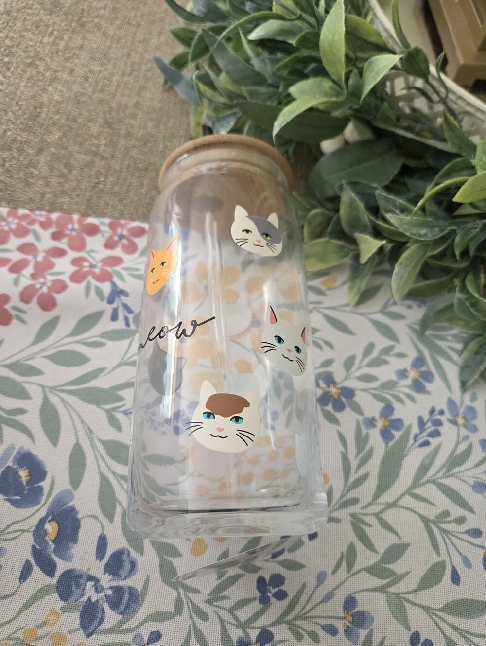 Glass Cat Face Water Bottle with Bamboo Lid and Straw - Multicolor